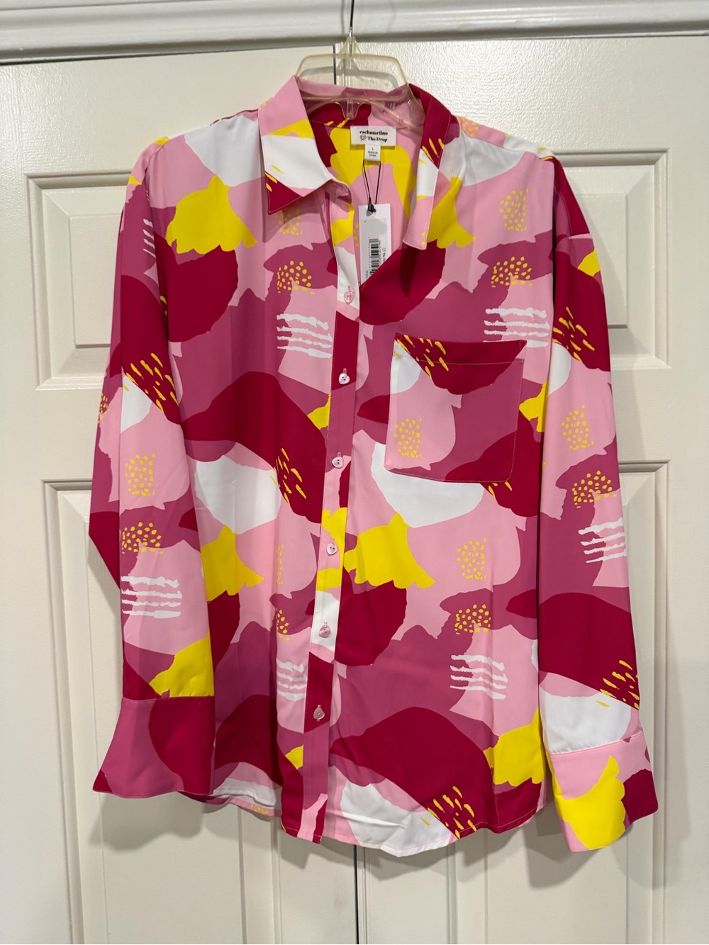 The Drop Bright Abstract Print Button-Up Shirt in Pink, Magenta & Yellow